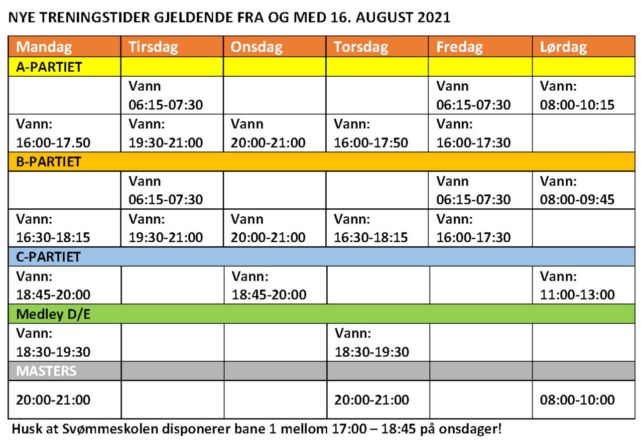 Treningstider fra og med 9.sept